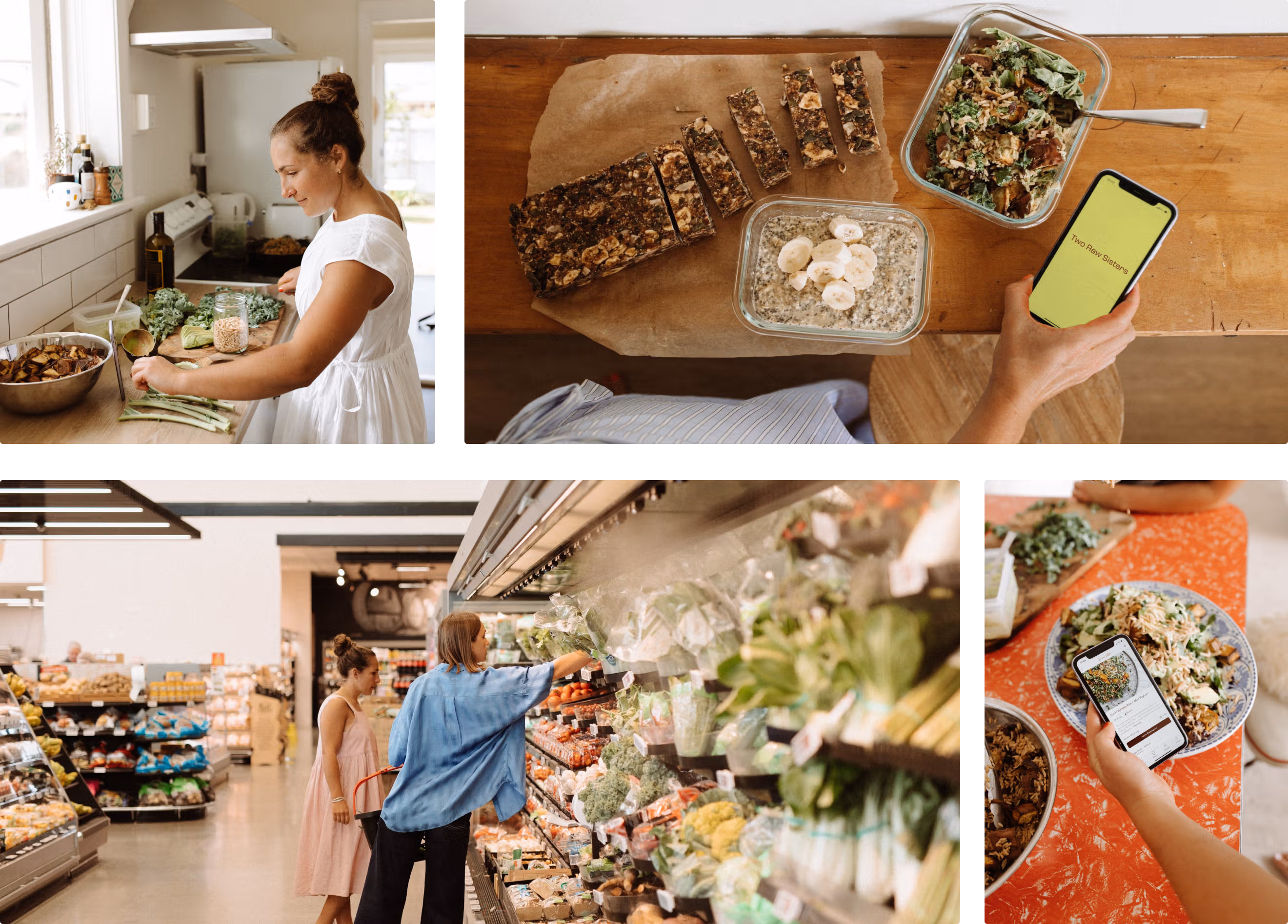 Two Raw Sisters app interface showing recipe browsing and meal planning screens